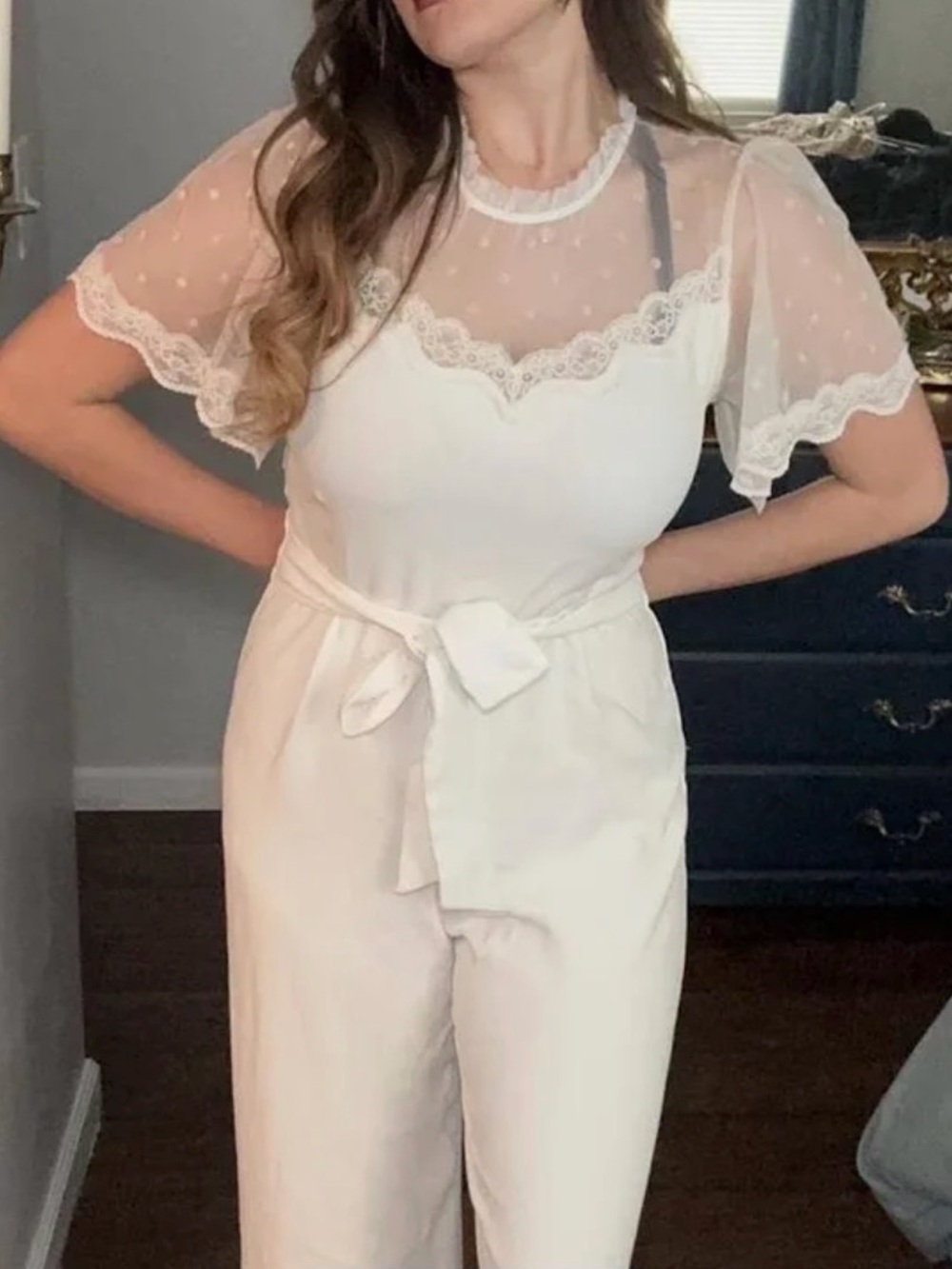CeCe White Polka-Dot Sheer Overlay jumpsuit - Picture 6 of 6